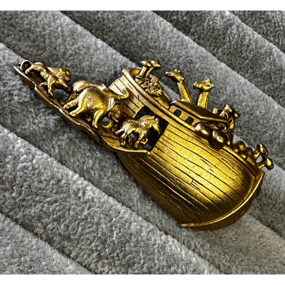 Vintage AJC Noahs Ark Brooch Gold Tone Animal Biblical Figural Pin 3 Inch